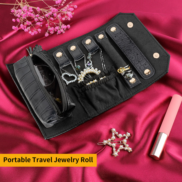 Travel Jewelry Roll for Women Girls, Portable PU Leather Jewelry Storage Organizer, Small Foldable Display Bag for Rings Earrings Necklaces Bracelets (Black)