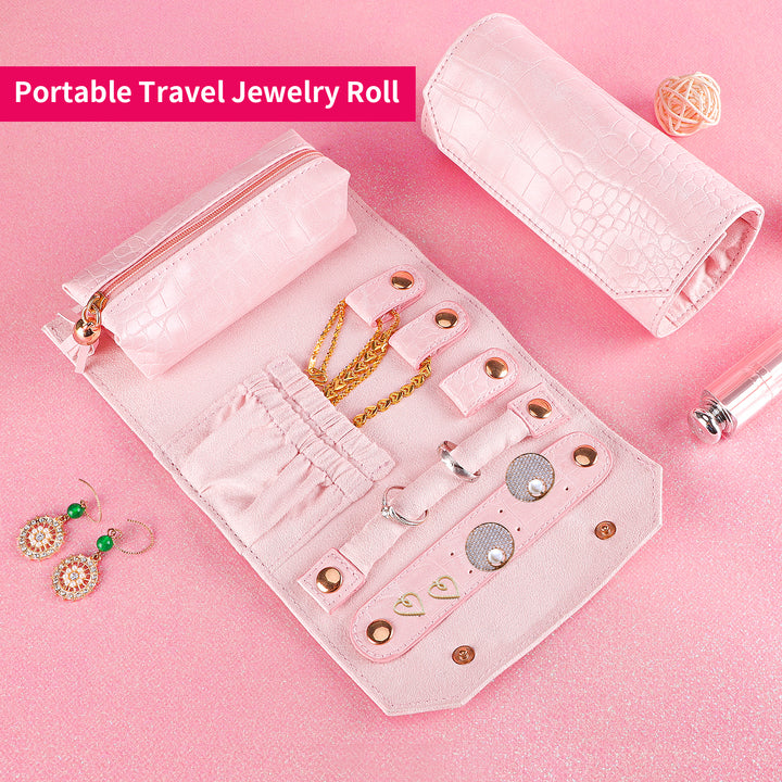 Travel Jewelry Roll for Women Girls, Portable PU Leather Jewelry Storage Organizer, Small Foldable Display Bag for Rings Earrings Necklaces Bracelets (Pink)