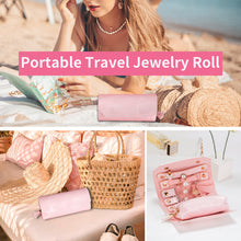 Travel Jewelry Roll for Women Girls, Portable PU Leather Jewelry Storage Organizer, Small Foldable Display Bag for Rings Earrings Necklaces Bracelets (Pink)