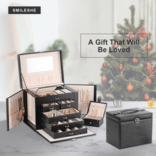 Smileshe Jewelry Box for Women Girls, PU Leather Large Storage Boxes with Portable Travel Case, Huge Lockable Display Organizer for Rings Earrings Necklaces Bracelets（Black）