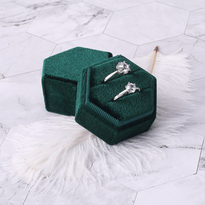 Ring Box, Velvet Jewelry Boxes for Proposal Engagement Wedding Ceremony, Mini Double Ring Slot Bearer Case with Detachable Lid
