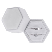 Ring Box, Velvet Jewelry Boxes for Proposal Engagement Wedding Ceremony, Mini Double Ring Slot Bearer Case with Detachable Lid (Hexagon, White)