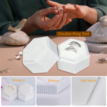 Ring Box, Velvet Jewelry Boxes for Proposal Engagement Wedding Ceremony, Mini Double Ring Slot Bearer Case with Detachable Lid (Hexagon, White)