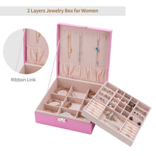 Smileshe Jewelry Box for Women Girls, PU Leather Organizer Boxes with Lock, 2 Layers Large Display Storage Case for Rings Earrings Necklaces Bracelets（Pink）