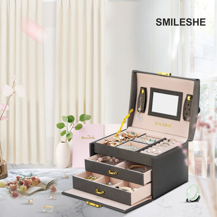 Smileshe Jewelry Box for Women Girls, PU Leather Lockable Storage Case with Mirror Drawers, Removable Medium Display Organizer Boxes for Rings, Earrings, Necklaces, Bracelets