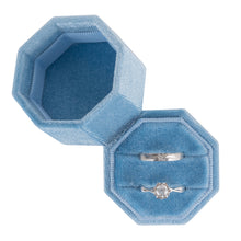 Ring Box, Velvet Jewelry Boxes for Proposal Engagement Wedding Ceremony, Mini Double Ring Slot Bearer Case with Detachable Lid (Octagon, Blue)