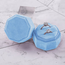 Ring Box, Velvet Jewelry Boxes for Proposal Engagement Wedding Ceremony, Mini Double Ring Slot Bearer Case with Detachable Lid (Octagon, Blue)