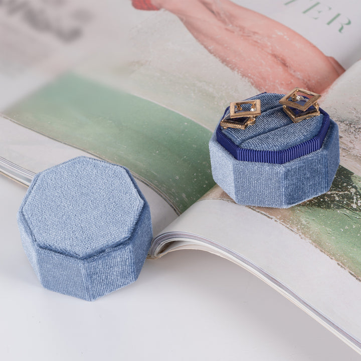 Ring Box, Velvet Jewelry Boxes for Proposal Engagement Wedding Ceremony, Mini Double Ring Slot Bearer Case with Detachable Lid (Octagon, Navy Blue)